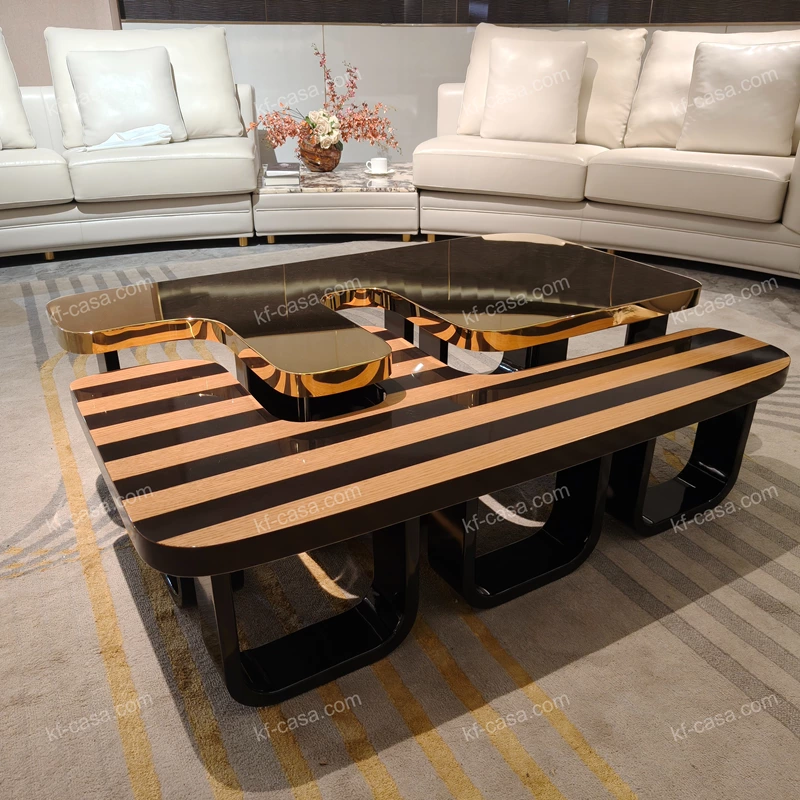 Geometric Coffee Table with High-Gloss Stainless Steel and Natural Wood Veneer Surfaces